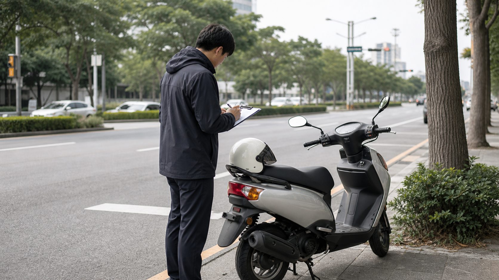 AI 生成示意照片：機車騎士在路邊整理事故與維修資料的情境